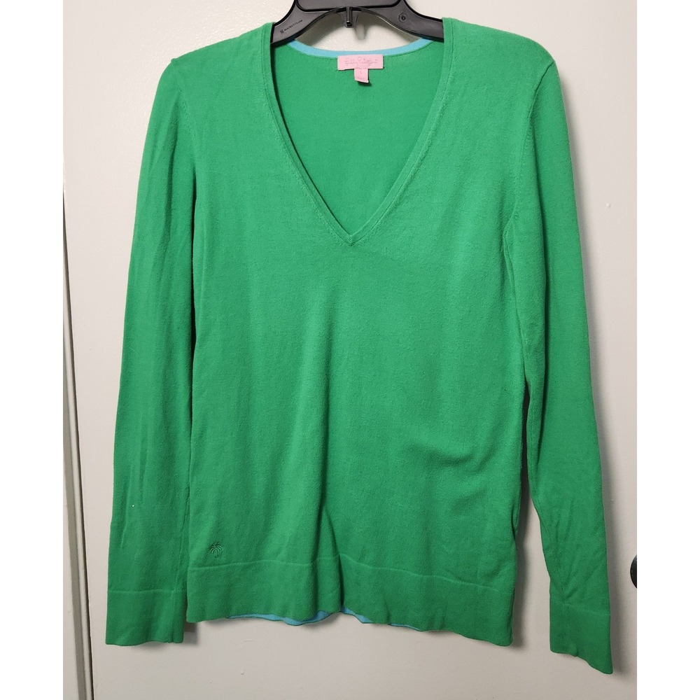 Lilly Pulitzer Adelaide Women's Large V-Neck Flip Cuff Green Sweater Embroidered